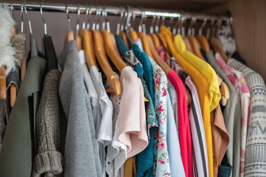 colorful women's clothes hanging in a bedroom closet